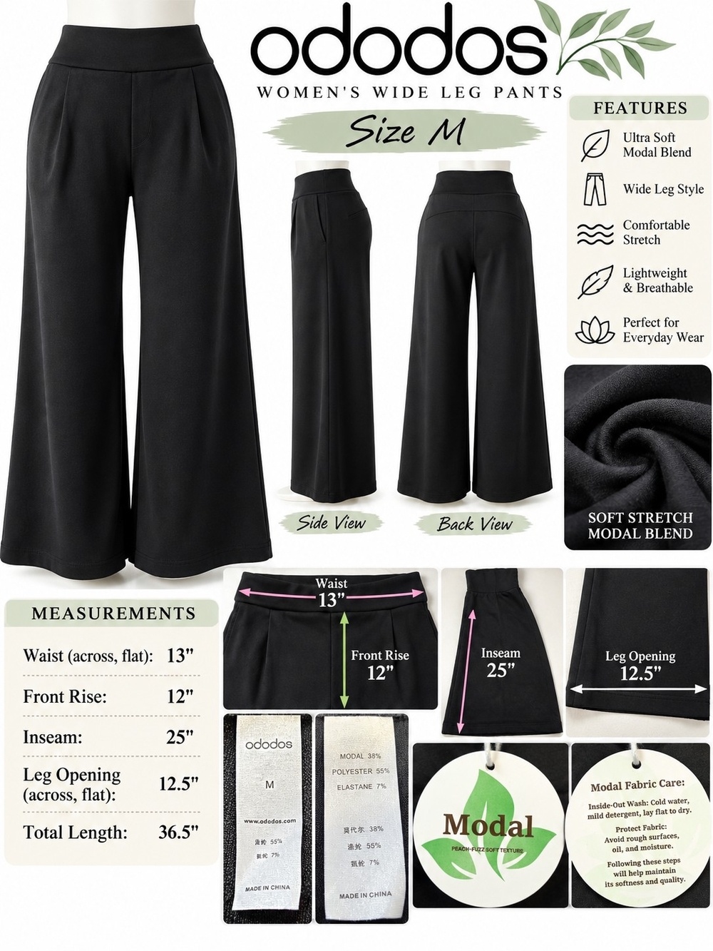 ododos Black Wide-Leg Pants — Women's High-Rise Comfort (Size M)